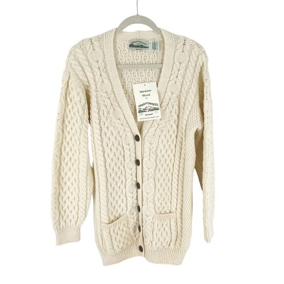 NWT Aran Crafts Ireland Women's 100% Wool Aran Boyfriend Button Front Cardigan L - Picture 2 of 7